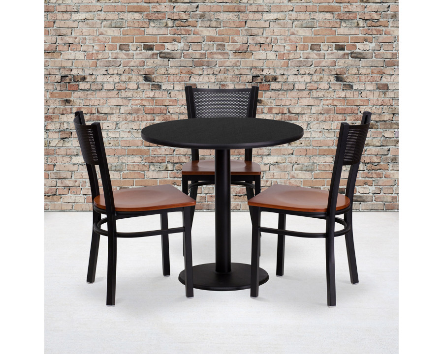 BLNK - Clark Round Black Laminate Table Set with 3 Grid Back Metal Chairs with Wood Seat