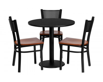 BLNK - Clark Round Black Laminate Table Set with 3 Grid Back Metal Chairs with Wood Seat