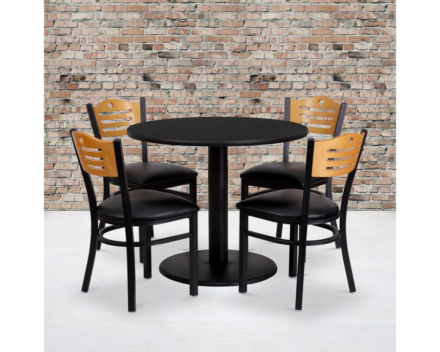 BLNK - Clark Round Black Laminate Table Set with 4 Wood Slat Back Metal Chairs with Vinyl Seat