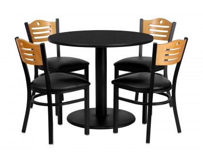 BLNK - Clark Round Black Laminate Table Set with 4 Wood Slat Back Metal Chairs with Vinyl Seat