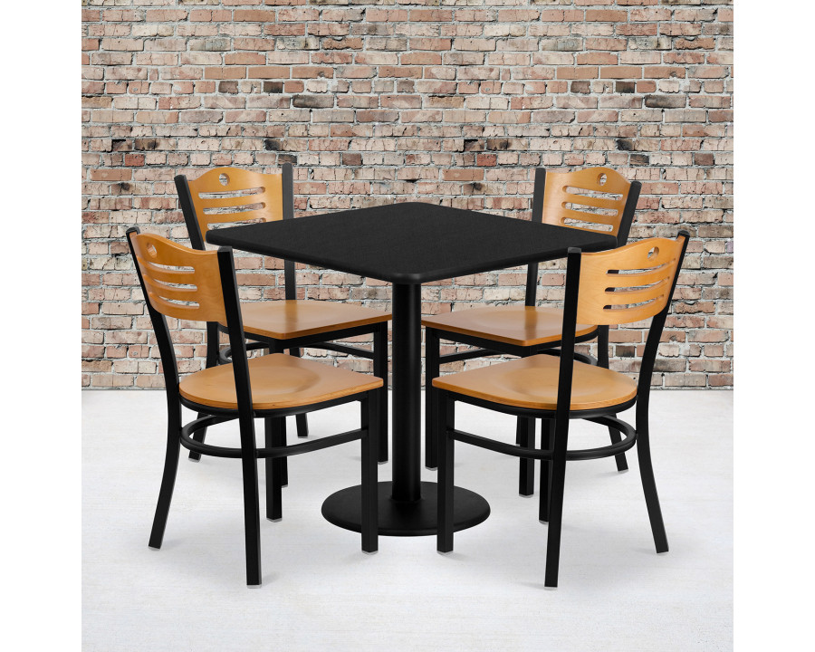 BLNK - Clark Square Black Laminate Table Set with 4 Wood Slat Back Metal Chairs with Wood Seat