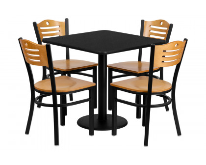 BLNK - Clark Square Black Laminate Table Set with 4 Wood Slat Back Metal Chairs with Wood Seat