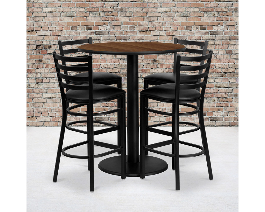 BLNK Clark Round Laminate Table Set with 4 Ladder Back Metal Bar Stools with Black Vinyl Seat