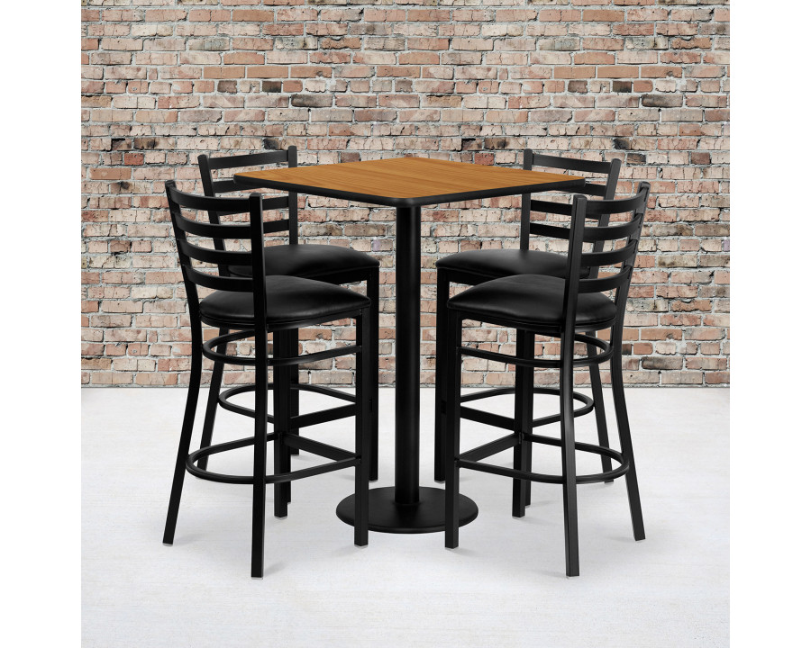 BLNK - Clark Square Laminate Table Set with 4 Ladder Back Metal Bar Stools with Black Vinyl Seat