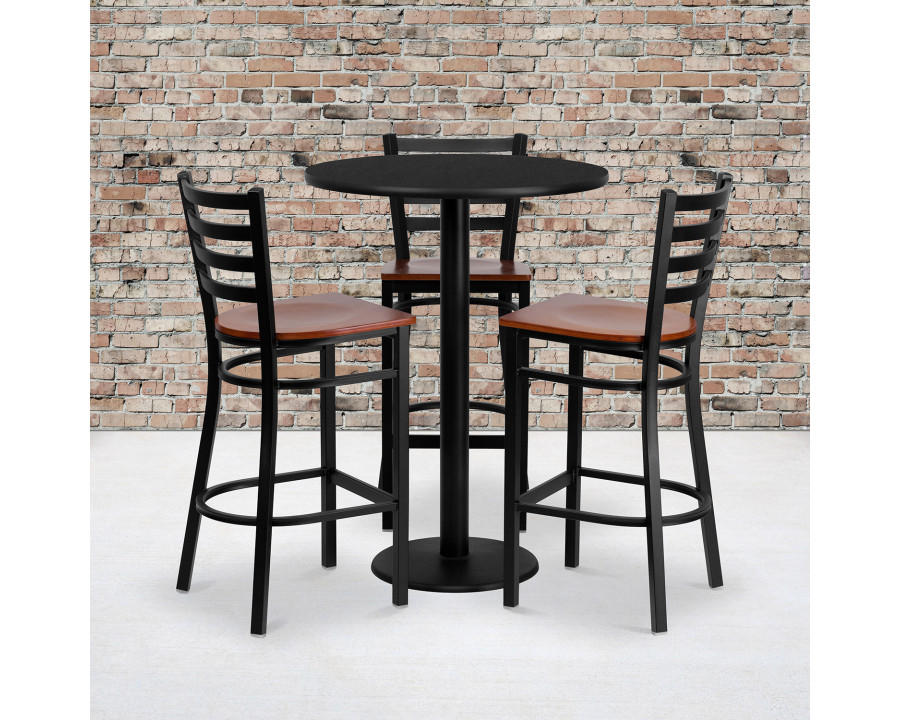 BLNK - Clark Round Laminate Table Set with 3 Ladder Back Metal Bar Stools with Cherry Wood Seat