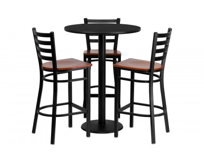 BLNK - Clark Round Laminate Table Set with 3 Ladder Back Metal Bar Stools with Cherry Wood Seat