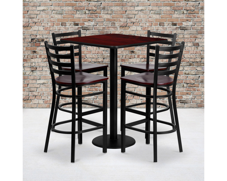 BLNK - Clark Square Laminate Table Set with 4 Ladder Back Metal Bar Stools with Mahogany Wood Seat