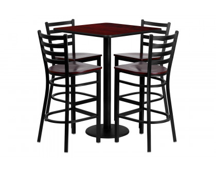 BLNK - Clark Square Laminate Table Set with 4 Ladder Back Metal Bar Stools with Mahogany Wood Seat