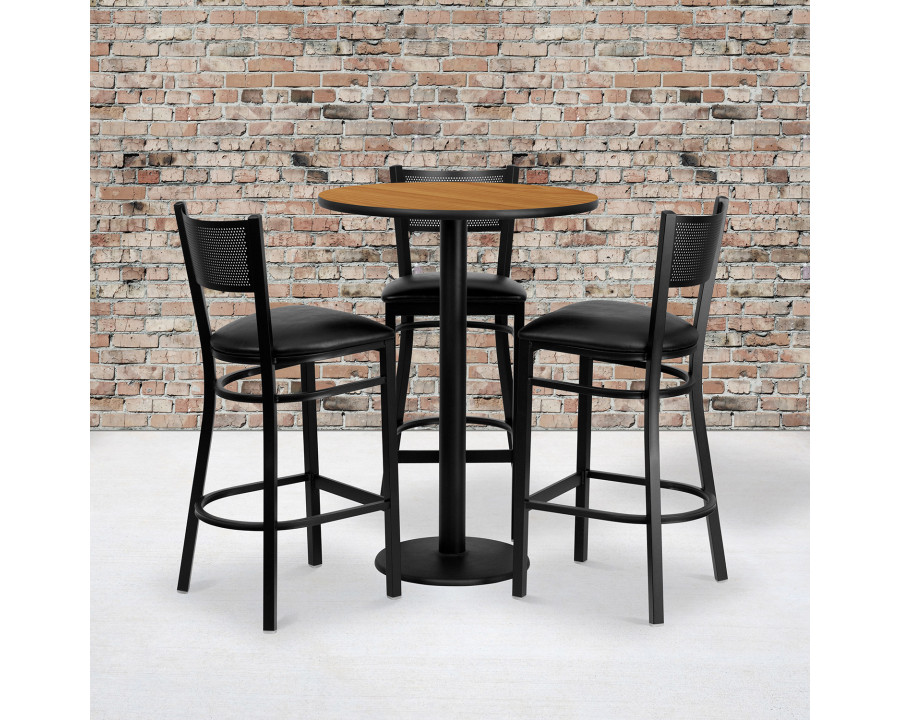 BLNK - Clark Round Laminate Table Set with 3 Grid Back Metal Bar Stools with Black Vinyl Seat