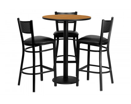 BLNK - Clark Round Laminate Table Set with 3 Grid Back Metal Bar Stools with Black Vinyl Seat