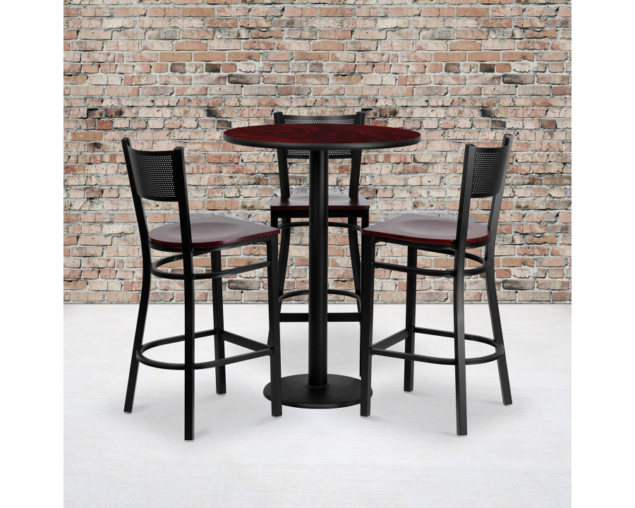 BLNK - Clark Round Laminate Table Set with 3 Grid Back Metal Bar Stools with Mahogany Wood Seat