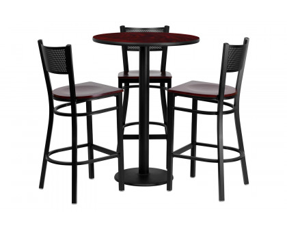 BLNK - Clark Round Laminate Table Set with 3 Grid Back Metal Bar Stools with Mahogany Wood Seat