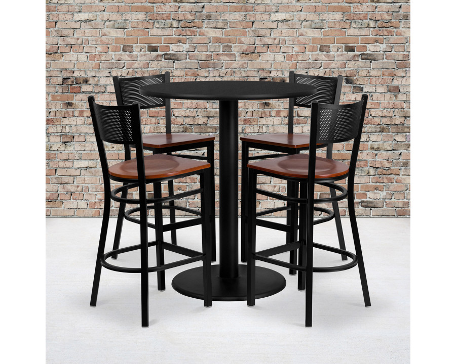 BLNK - Clark Round Laminate Table Set with 4 Grid Back Metal Bar Stools with Cherry Wood Seat