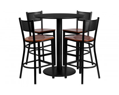 BLNK - Clark Round Laminate Table Set with 4 Grid Back Metal Bar Stools with Cherry Wood Seat