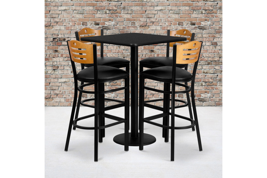 BLNK™ - Clark Square Laminate Table Set with 4 Wood Slat Back Metal Bar Stools with Black Vinyl Seat