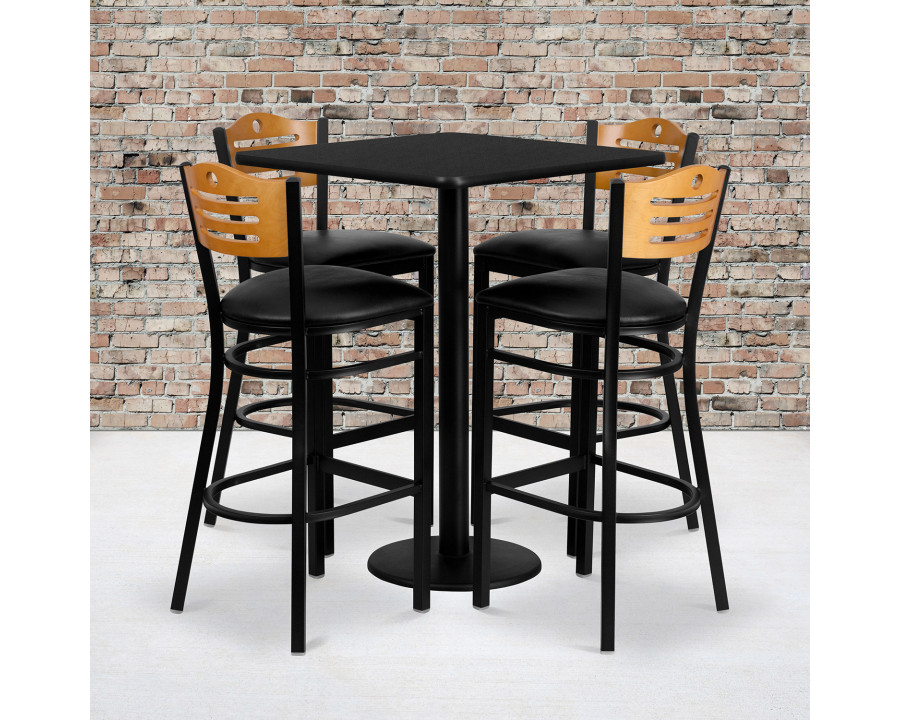 BLNK - Clark Square Laminate Table Set with 4 Wood Slat Back Metal Bar Stools with Black Vinyl Seat