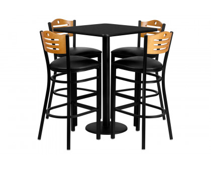 BLNK™ - Clark Square Laminate Table Set with 4 Wood Slat Back Metal Bar Stools with Black Vinyl Seat