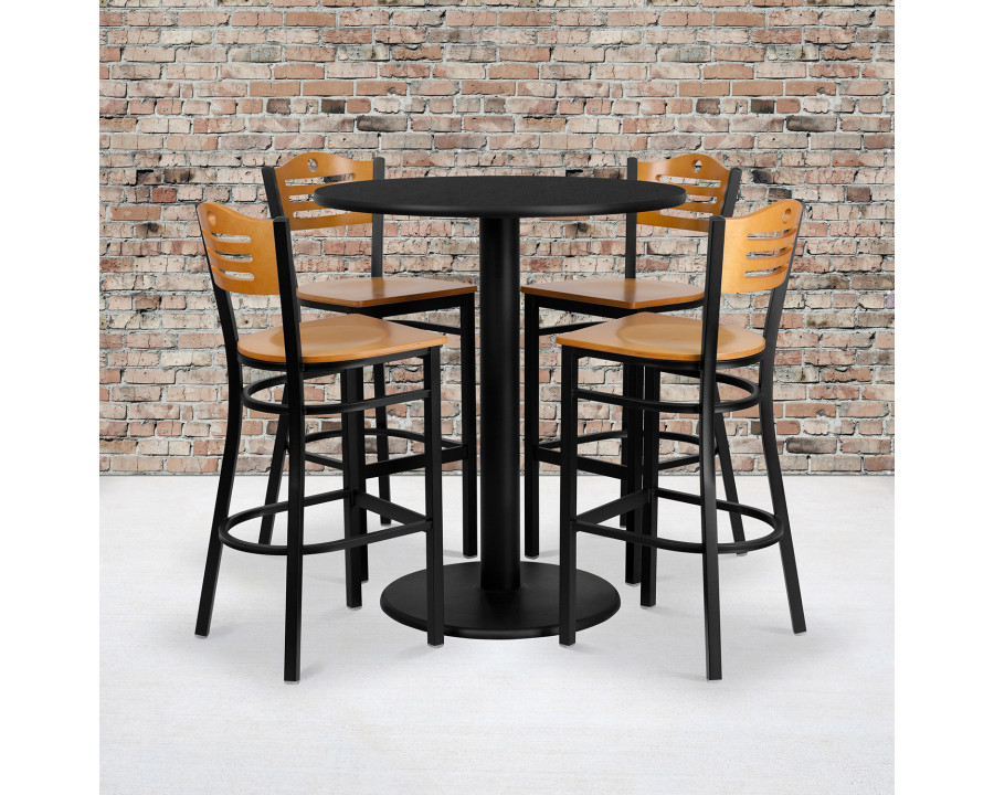 BLNK - Clark Round Laminate Table Set with 4 Wood Slat Back Metal Bar Stools with Natural Wood Seat