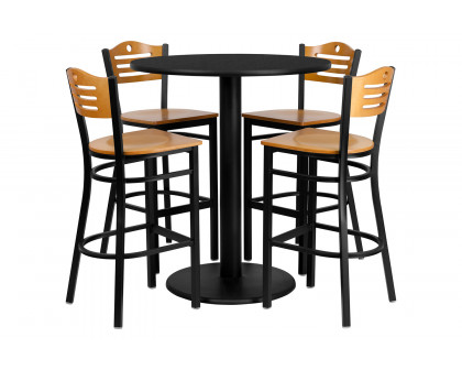 BLNK - Clark Round Laminate Table Set with 4 Wood Slat Back Metal Bar Stools with Natural Wood Seat