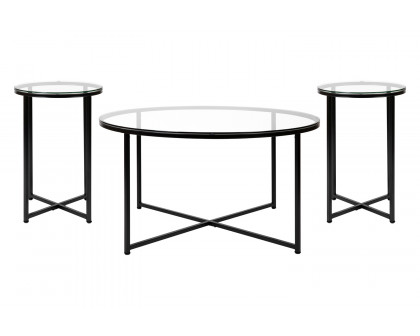 BLNK Greenwich Collection Coffee and End Table Set with Clear Glass Top 3 Piece - Matte Black