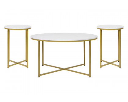 BLNK Hampstead Collection Coffee and End Table Set with White Marbled Laminate Top 3 Piece - Brushed Gold