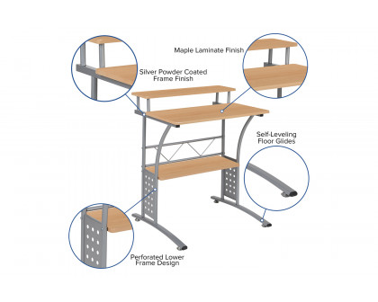 BLNK Clifton Computer Desk with Top and Lower Storage Shelves - Maple