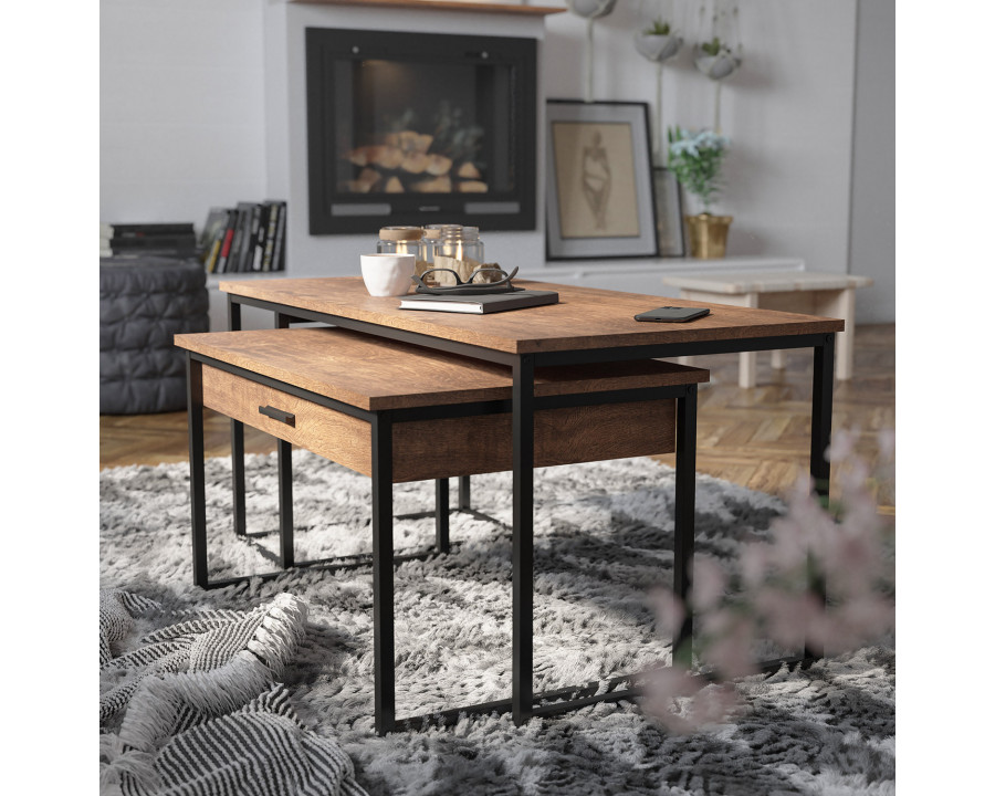 BLNK - Emerson Modern Nesting Coffee Table Set with Storage Drawer in Walnut Finish with Black Sled Base Metal Frames 2 Piece