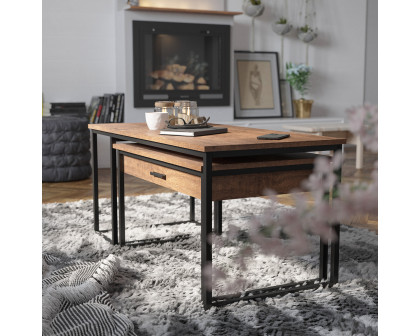 BLNK - Emerson Modern Nesting Coffee Table Set with Storage Drawer in Walnut Finish with Black Sled Base Metal Frames 2 Piece