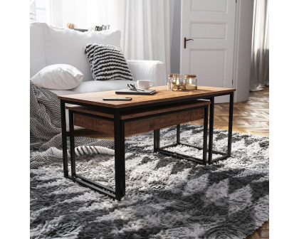 BLNK - Emerson Modern Nesting Coffee Table Set with Storage Drawer in Walnut Finish with Black Sled Base Metal Frames 2 Piece