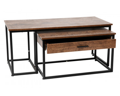 BLNK - Emerson Modern Nesting Coffee Table Set with Storage Drawer in Walnut Finish with Black Sled Base Metal Frames 2 Piece