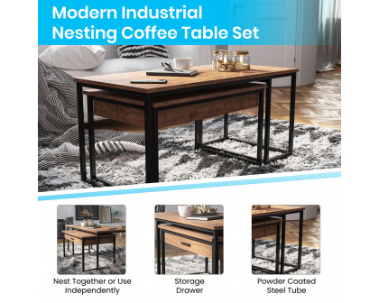 BLNK - Emerson Modern Nesting Coffee Table Set with Storage Drawer in Walnut Finish with Black Sled Base Metal Frames 2 Piece