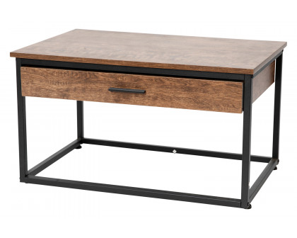 BLNK - Emerson Modern Nesting Coffee Table Set with Storage Drawer in Walnut Finish with Black Sled Base Metal Frames 2 Piece