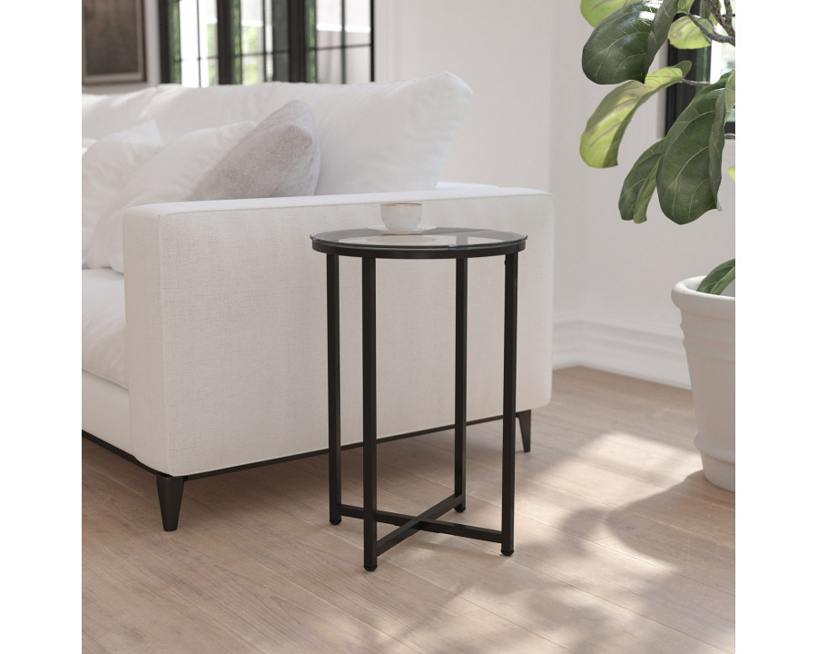 BLNK Greenwich Collection Modern Clear Glass End Table with Crisscross Frame - Matte Black