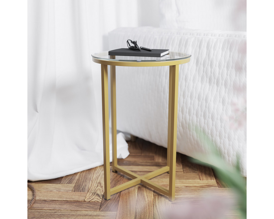 BLNK Greenwich Collection Modern Clear Glass End Table with Crisscross Frame - Brushed Gold