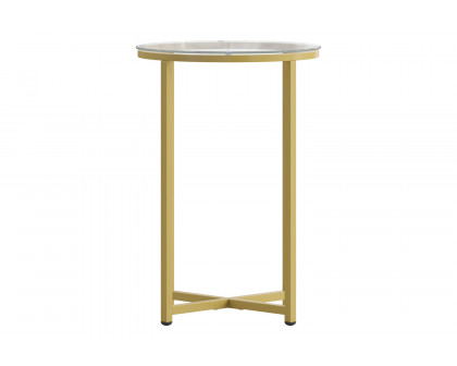 BLNK Greenwich Collection Modern Clear Glass End Table with Crisscross Frame - Brushed Gold