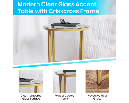 BLNK Greenwich Collection Modern Clear Glass End Table with Crisscross Frame - Brushed Gold