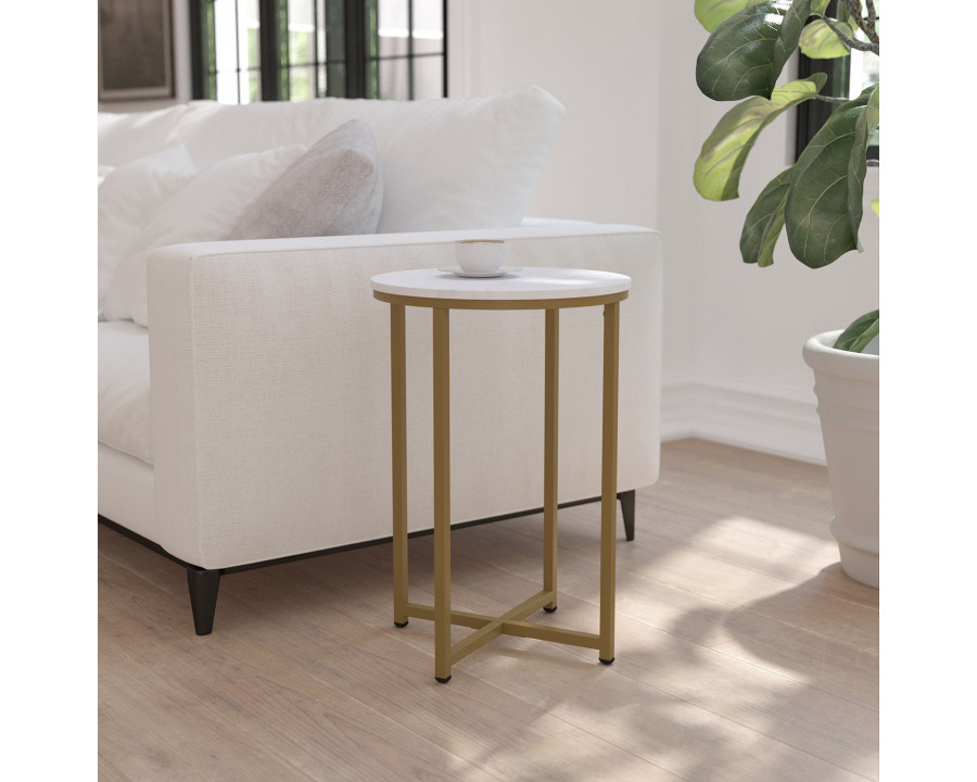 BLNK Hampstead Collection Modern End Table with White Marbled Laminate Top - Brushed Gold