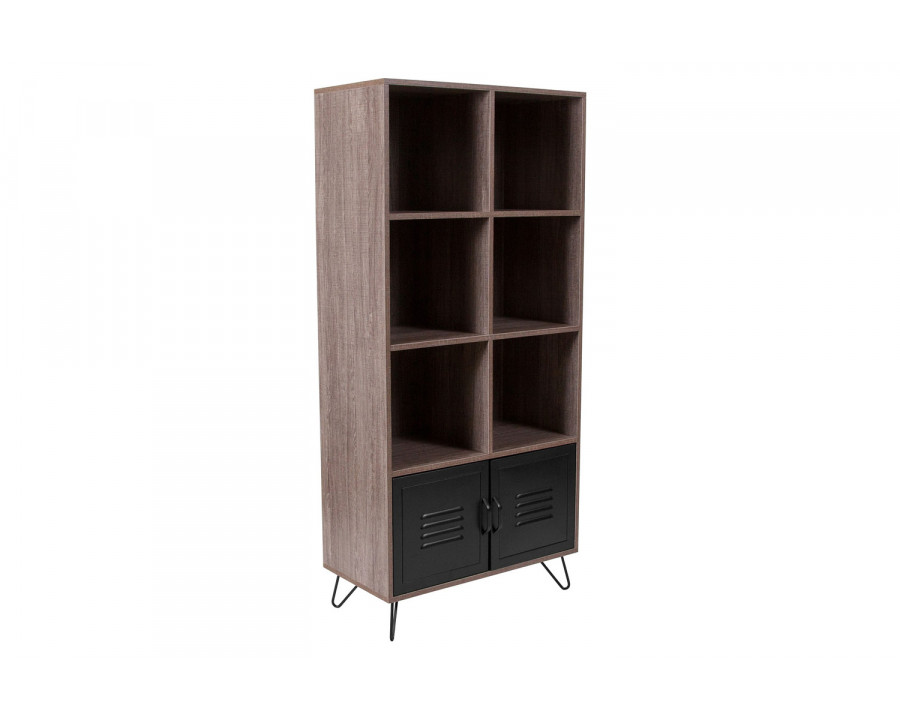 BLNK - Woodridge Collection 6 Cube Storage Organizer Bookcase with Metal Cabinet Doors and Metal Legs in Rustic Wood Grain Finish