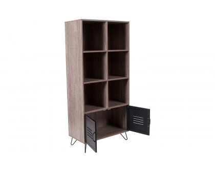 BLNK - Woodridge Collection 6 Cube Storage Organizer Bookcase with Metal Cabinet Doors and Metal Legs in Rustic Wood Grain Finish