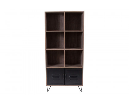 BLNK - Woodridge Collection 6 Cube Storage Organizer Bookcase with Metal Cabinet Doors and Metal Legs in Rustic Wood Grain Finish