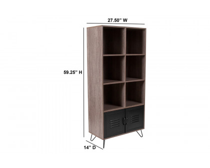 BLNK - Woodridge Collection 6 Cube Storage Organizer Bookcase with Metal Cabinet Doors and Metal Legs in Rustic Wood Grain Finish