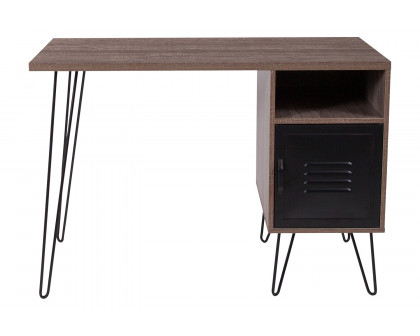 BLNK - Woodridge Collection Rustic Wood Grain Finish Computer Desk with Metal Cabinet Door and Black Metal Legs