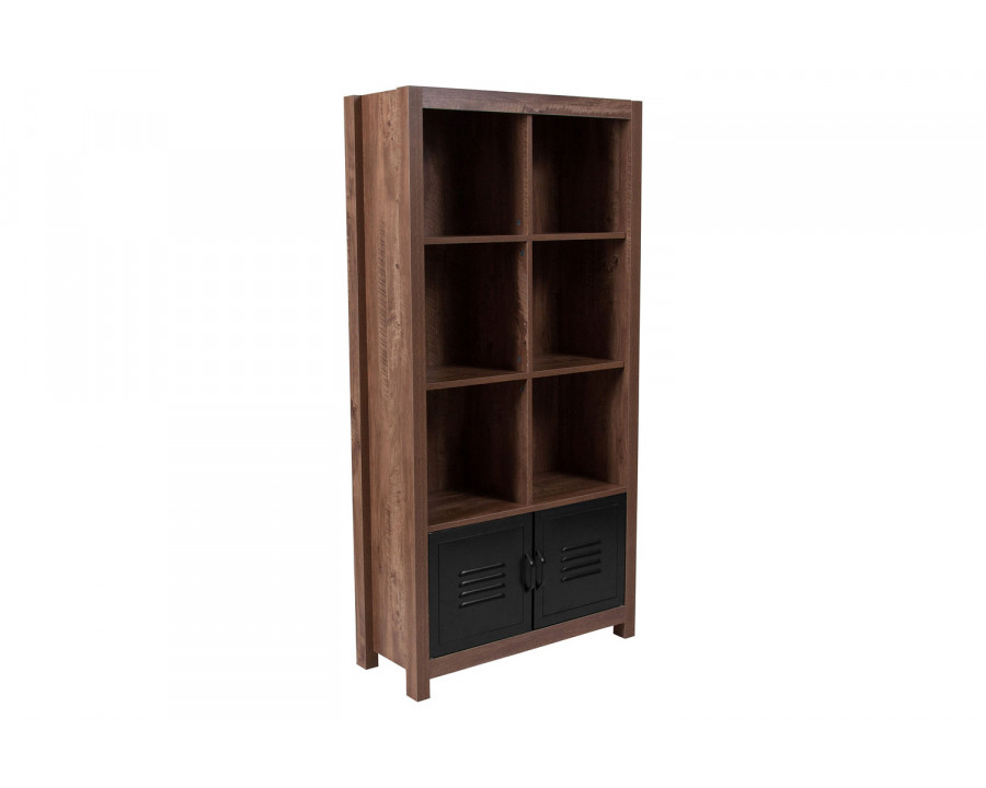 BLNK - New Lancaster Collection 6 Cube Storage Organizer Bookcase with Metal Cabinet Doors in Crosscut Oak Wood Grain Finish