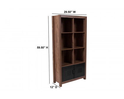 BLNK - New Lancaster Collection 6 Cube Storage Organizer Bookcase with Metal Cabinet Doors in Crosscut Oak Wood Grain Finish