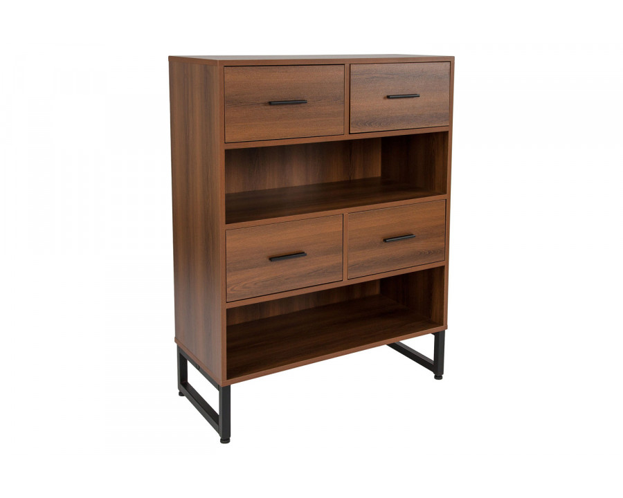 BLNK - Lincoln Collection 2 Shelf Display Bookcase with Four Drawers in Rustic Wood Grain Finish