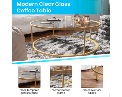 BLNK Astoria Collection Round Modern Clear Glass Coffee Table - Brushed Gold