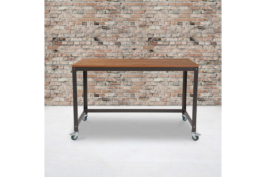 BLNK™ - Livingston Collection Computer Table and Desk in Brown Oak Wood Grain Finish with Metal Wheels