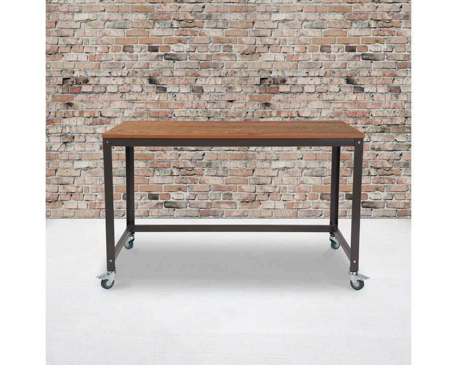 BLNK - Livingston Collection Computer Table and Desk in Brown Oak Wood Grain Finish with Metal Wheels