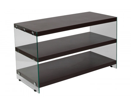 BLNK - Wynwood Collection Dark Ash Wood Grain Finish TV Stand with Shelves and Glass Frame