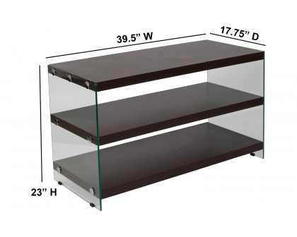 BLNK - Wynwood Collection Dark Ash Wood Grain Finish TV Stand with Shelves and Glass Frame